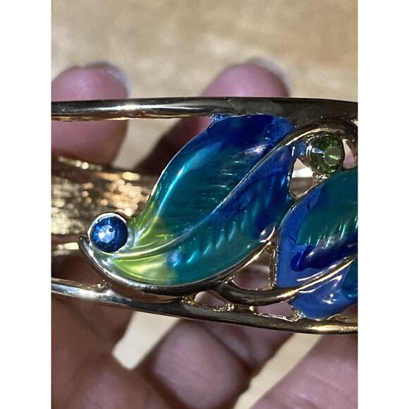 Gold Tone Enamel Hinged Cuff Bracelet Bangle Peacock Feathers Blue Green - Picture 3 of 5
